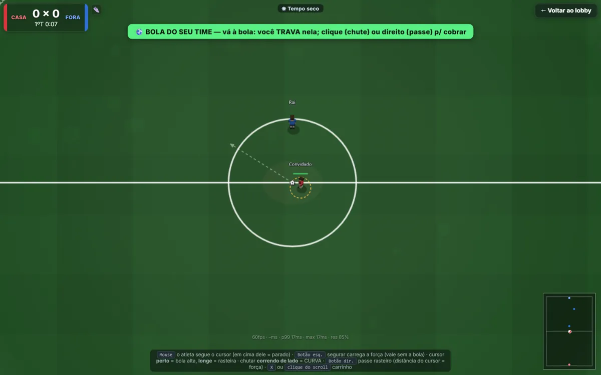 A 2D football match in progress, with scoreboard, minimap and the frames-per-second counter in the corner