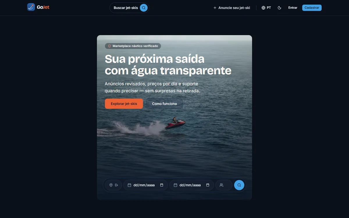 GoJet home page, with destination and date search over a photo of a jet ski in motion